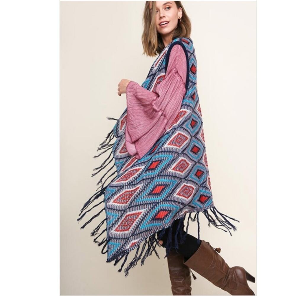 Umgee Multicolor Diamond Knit Open Long Body Vest